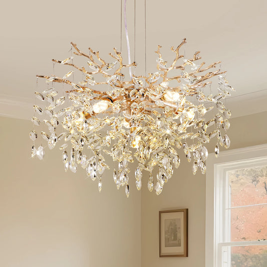 Modern Tree Branch Crystal Chandelier Luxury Gold Crystal Pendant Lighting 23.6" Contemporary 6 Light Chandeliers for LivingRoom