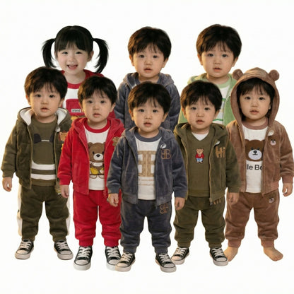 2025 Winter Casual Baby Clothing Set 3pcs Kids Bear Pattern Hooded Coat Warm Outfits for Children