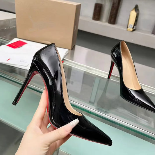 2026 Designer Luxury Red Bottom High Heels Black Leather Women Stilettos Comfortable Non-slip Dress Shoes Pointed Toe
