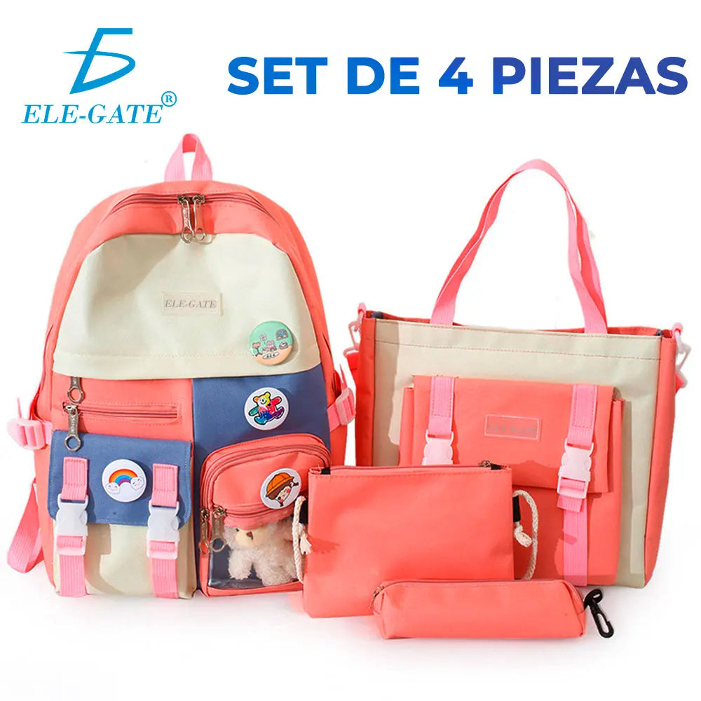 ELEGATE Korean Version Large Capacity Waterproof Backpack Girls Cartoon Printing for Orange Panelled Design Polyester Open
