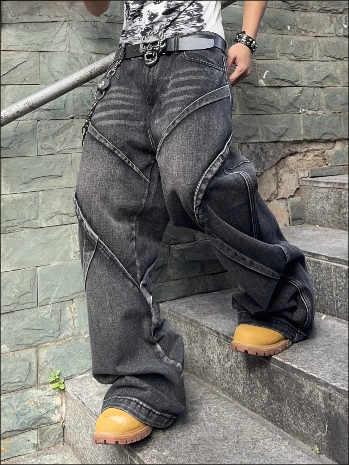 Men's Baggy Jeans Streetwear Contrast Stitching Wide Leg Denim Pants  Loose Fit Jeans for Men