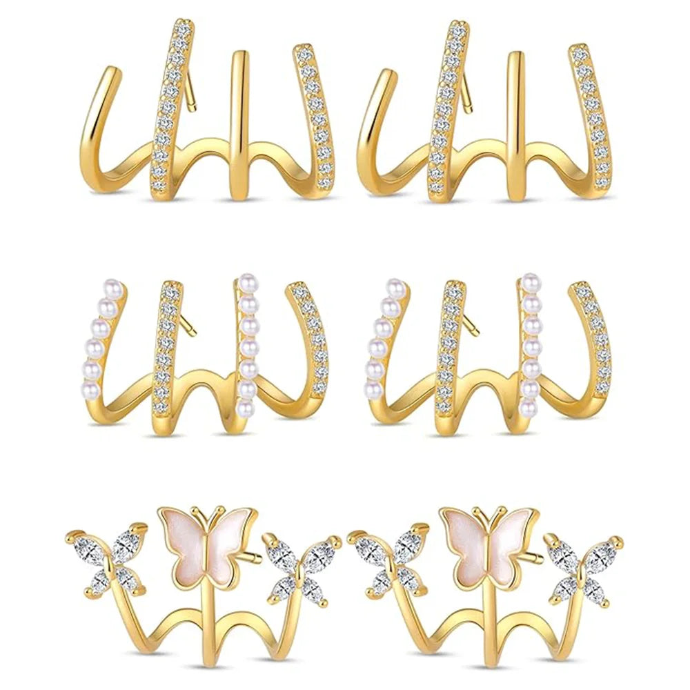 ZF Gold Zircon Butterfly Claw Piercing Stud Set Elegant Minimalist Dinner Party Women Fashion Jewelry Accessories