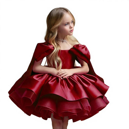High Quality Girls Wine Red Princess Dress Skirt Bowknot Elegant O-Neck Gown for Birthday Piano Performance for Children