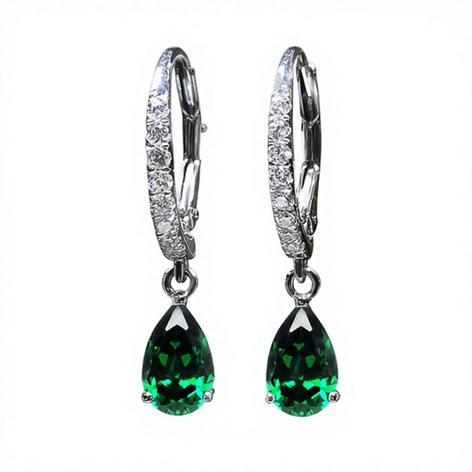 Trendy Green Crystal & Rhinestone Drop Earrings with Claw Setting for Women Silver Plated Alloy Pear Cut Party Accessories
