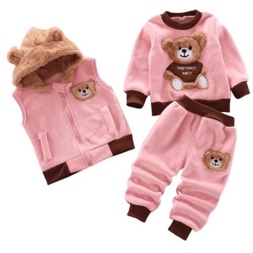 2025 Winter Casual Baby Clothing Set 3pcs Kids Bear Pattern Hooded Coat Warm Outfits for Children
