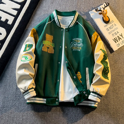 Spring and Autum Contrasting Color American Embroidered Leather Sleeve Jacket Men's Korean Style Trendyy Baseball Uniform Autum Casual Student Jacket