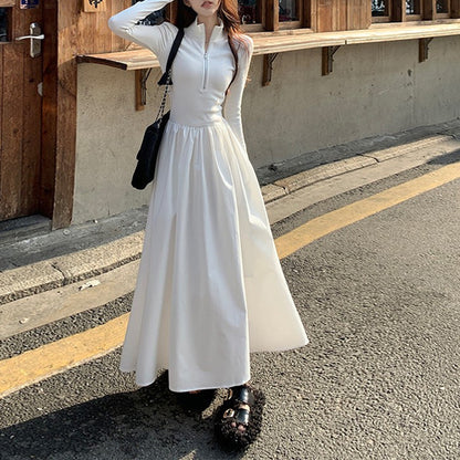 Hepburn Style Long-sleeved Polo Neck dress Women's Spring and Autumn New Design Sense Black Slim-fit A- line Long Dress Trendy