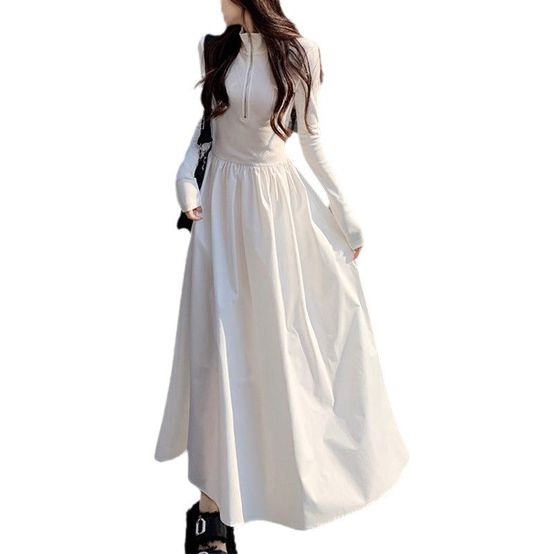 Hepburn Style Long-sleeved Polo Neck dress Women's Spring and Autumn New Design Sense Black Slim-fit A- line Long Dress Trendy
