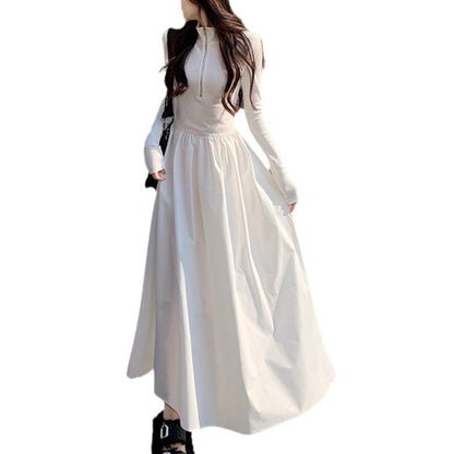 Hepburn Style Long-sleeved Polo Neck dress Women's Spring and Autumn New Design Sense Black Slim-fit A- line Long Dress Trendy