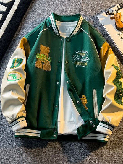 Spring and Autum Contrasting Color American Embroidered Leather Sleeve Jacket Men's Korean Style Trendyy Baseball Uniform Autum Casual Student Jacket