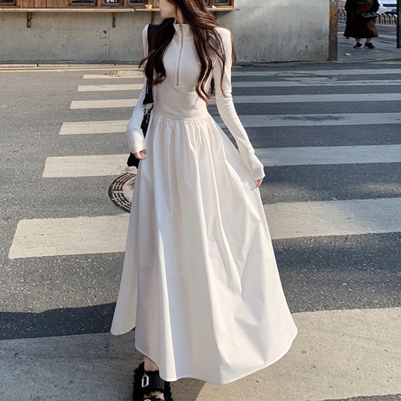 Hepburn Style Long-sleeved Polo Neck dress Women's Spring and Autumn New Design Sense Black Slim-fit A- line Long Dress Trendy