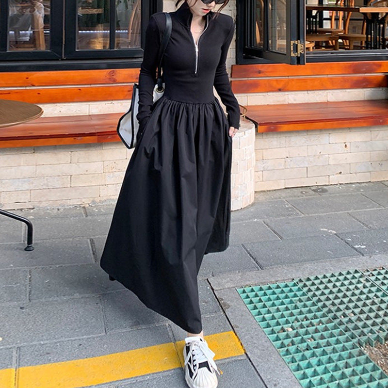 Hepburn Style Long-sleeved Polo Neck dress Women's Spring and Autumn New Design Sense Black Slim-fit A- line Long Dress Trendy
