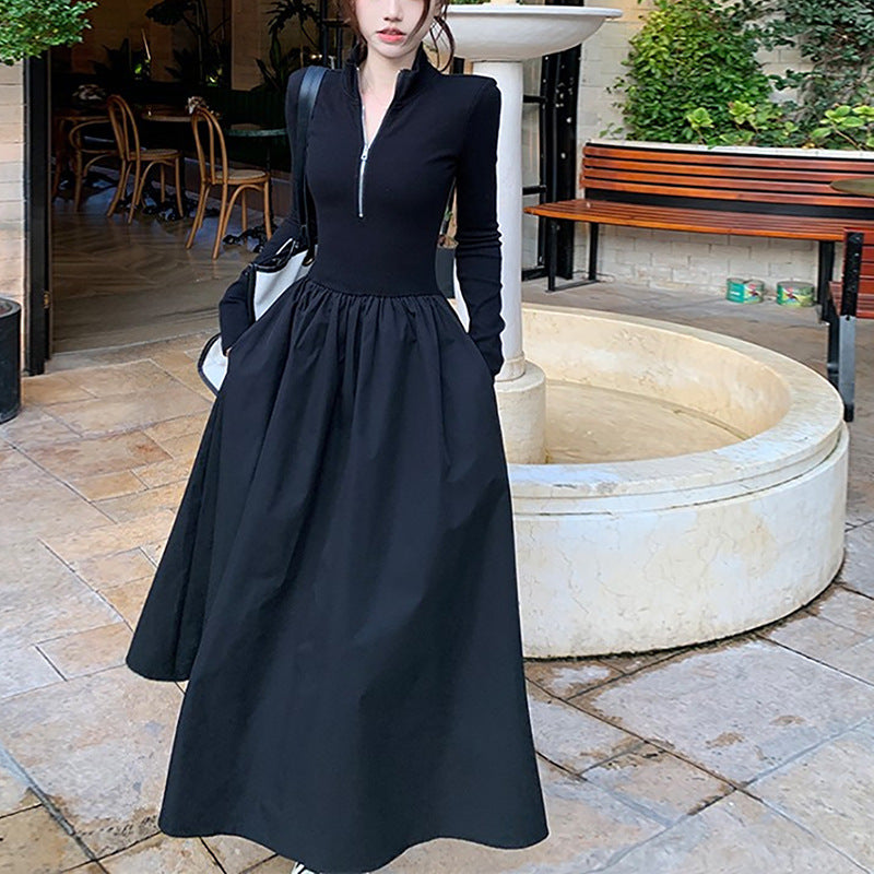 Hepburn Style Long-sleeved Polo Neck dress Women's Spring and Autumn New Design Sense Black Slim-fit A- line Long Dress Trendy
