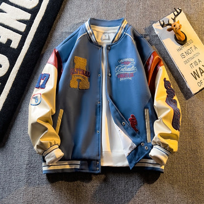 Spring and Autum Contrasting Color American Embroidered Leather Sleeve Jacket Men's Korean Style Trendyy Baseball Uniform Autum Casual Student Jacket