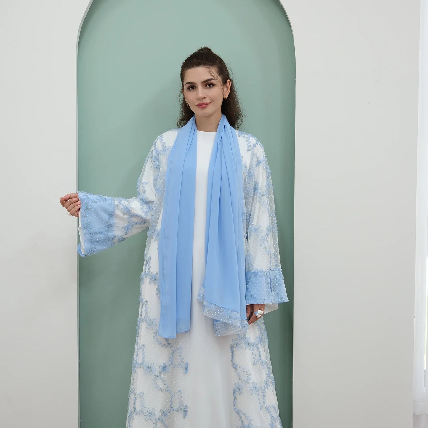 2pcs Abaya with Hijab Women Ramadan Muslim Dress Jilbab Kebaya Islam Kaftan Robe 3D Floral Mesh Abayas 2026 Eid Mubarak Dresses