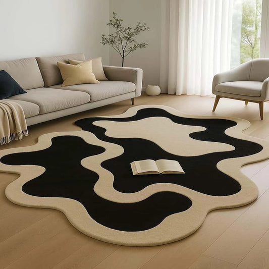 Irregular Hand Tufted Area Rug, Modern Abstract Black Ivory Wool Rug Mid Century Statement Designer Carpet for Livingroom Decor