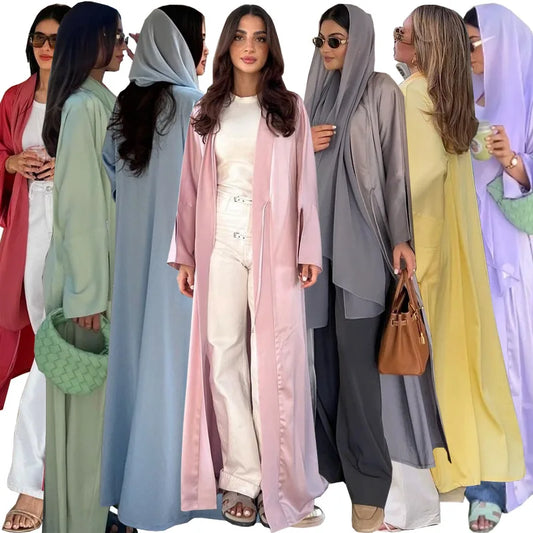 Middle Eastern Muslim Robe Fashion Satin Soft Dress Open Front Outerwear Abaya Solid Color