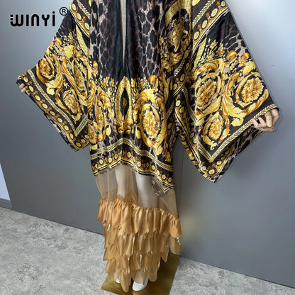 WINYI Women's Long Sleeve Kimono Cardigan Muslim Abaya Dubai Luxury Beachwear Cover up Boho Kaftan Holiday Printed Dress