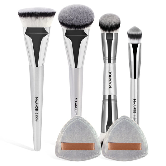 MAANGE 4pcs Foundation Makeup Brushes with 2pcs Air Cushion Puffs Concealer Contour Sculpting Kabuki Makeup Brushes for Travel