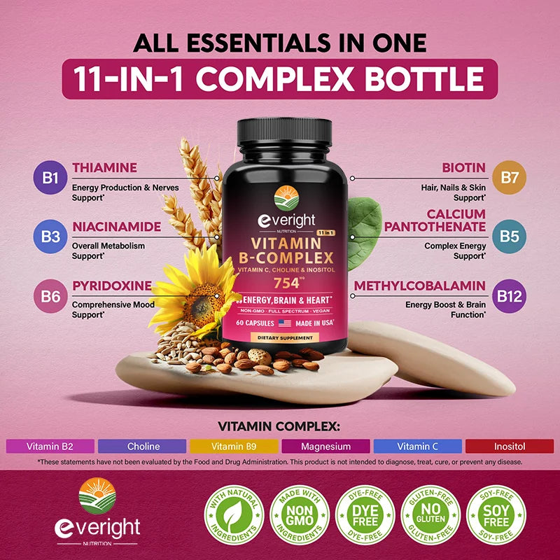 Vitamin B Complex for Energy, Brain & Heart Support - with B1, B2, B3, B5, B6, B7, B8, B9, B12 with Vitamin C, Choline, Inositol