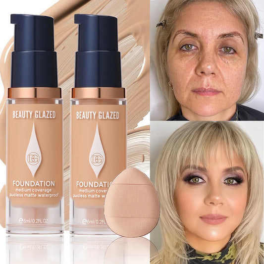 Face Foundation Makeup Set:2 Matte Foundation+1 Puff,Full Coverage,5 Shades,For All Skin Types,Long-Lasting Waterproof,Mini Size