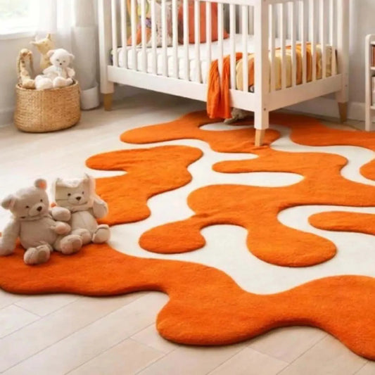 Bright Orange Abstract Area Rug Irregular Shape Modern Hand Tupted Carpet Artistic Unique Floor Rug for Livingroom Bedroom Decor
