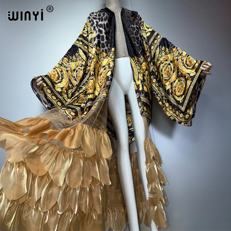 WINYI Women's Long Sleeve Kimono Cardigan Muslim Abaya Dubai Luxury Beachwear Cover up Boho Kaftan Holiday Printed Dress