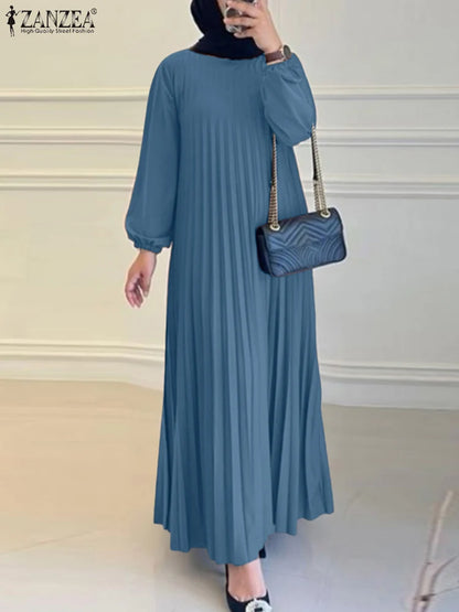 ZANZEA Modest Fashion Abaya Robes Woman Muslim Hijabis O-Neck Solid Pleated Eid Long Dresses Loose A-line Vestidos Fall 2025