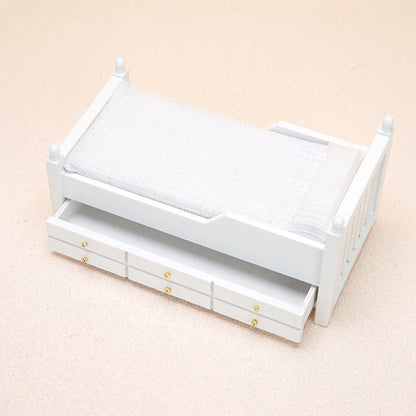 🛒1:12 Dollhouse Miniature Bed White European Single Bed with Drawer Bedroom Furniture Model Decor Toy Doll House Accessories