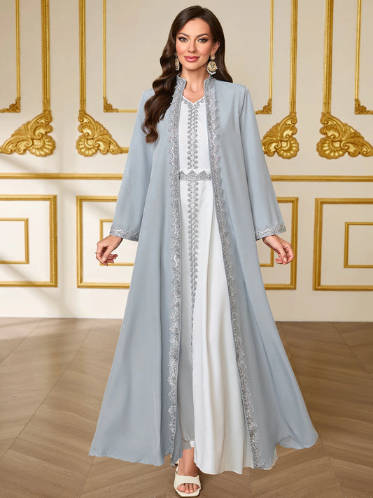 French-Style Luxury Grey-Blue Lace Embroidered Dress Set Middle Eastern Open-Front Abaya Dress for Wedding / Party / Daily Wear