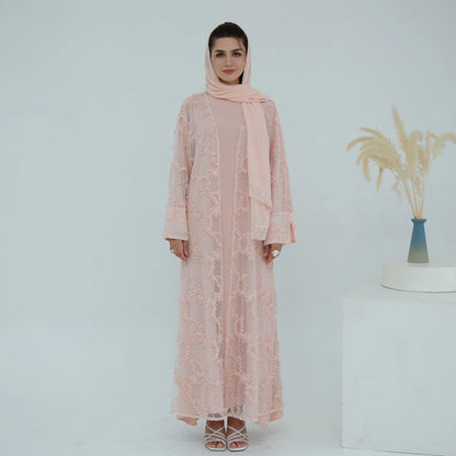 2pcs Abaya with Hijab Women Ramadan Muslim Dress Jilbab Kebaya Islam Kaftan Robe 3D Floral Mesh Abayas 2026 Eid Mubarak Dresses