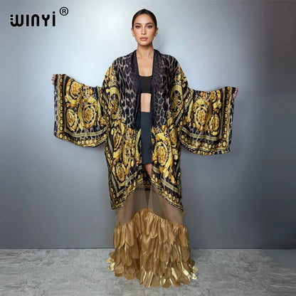 WINYI Women's Long Sleeve Kimono Cardigan Muslim Abaya Dubai Luxury Beachwear Cover up Boho Kaftan Holiday Printed Dress
