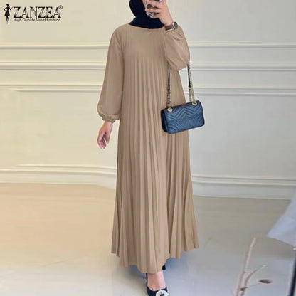 Ramadan Muslim Dress Abaya ZANZEA Casual Kaftan Women Long Sleeve Pleated Sundress Hijab Robe Femme IsIamic Clothing Eid Mubarek