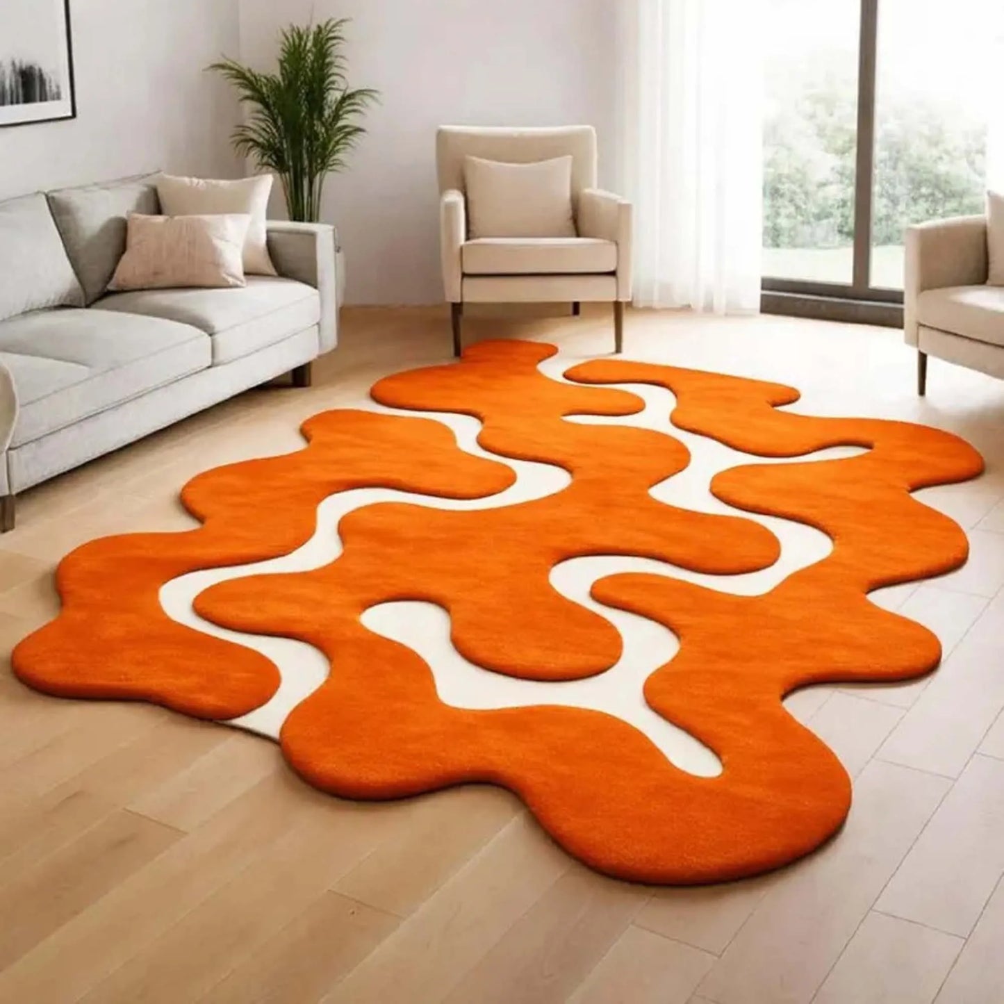 Bright Orange Abstract Area Rug Irregular Shape Modern Hand Tupted Carpet Artistic Unique Floor Rug for Livingroom Bedroom Decor