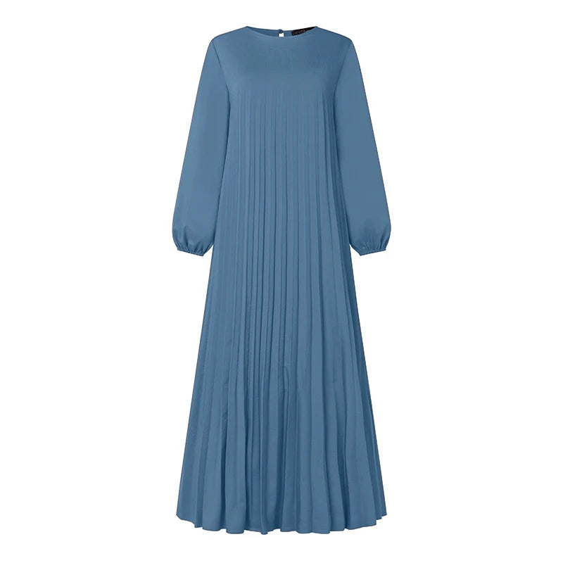 ZANZEA Modest Fashion Abaya Robes Woman Muslim Hijabis O-Neck Solid Pleated Eid Long Dresses Loose A-line Vestidos Fall 2025