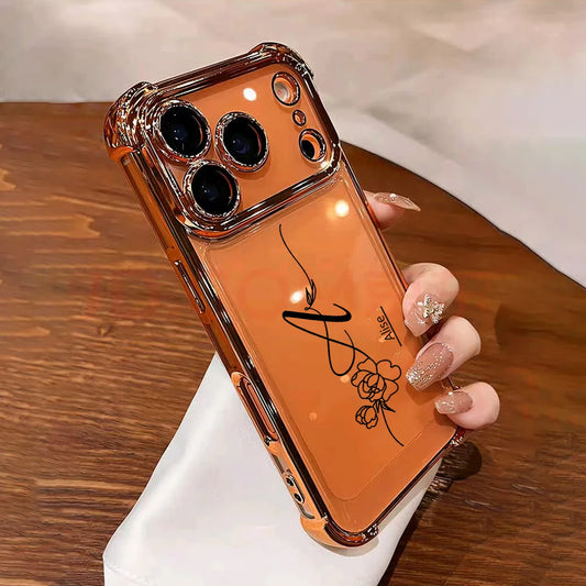 Customized Rose Name Initial Big Letter Clear Phone Case For iPhone 11 12 13 14 15 16 17 Pro Max Plating Acrylic Lens Protector