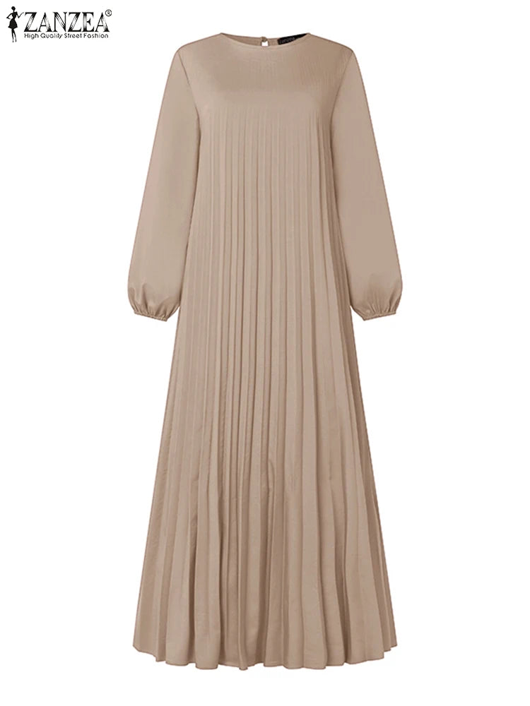 ZANZEA Modest Fashion Abaya Robes Woman Muslim Hijabis O-Neck Solid Pleated Eid Long Dresses Loose A-line Vestidos Fall 2025