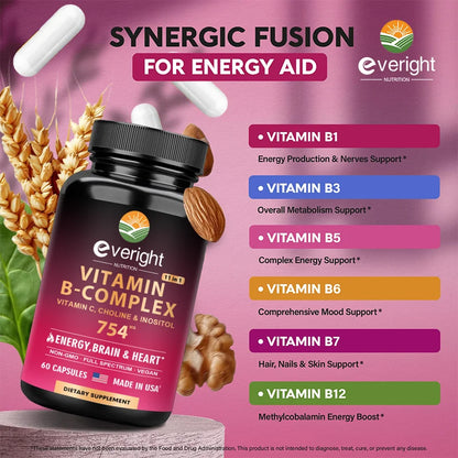 Vitamin B Complex for Energy, Brain & Heart Support - with B1, B2, B3, B5, B6, B7, B8, B9, B12 with Vitamin C, Choline, Inositol