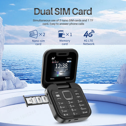 SERVO Mini Flip Mobile Phone 4G/2G Cellular 1.77" Diaplay Speed Dial Flashlight Recorder FM Radio Dual SIM Foldable Cellphones