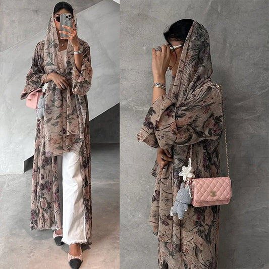 Women's Pleated Floral Print Abaya with Matching Hijab - Open Front Modest Dress for Daily & Religious Occasions