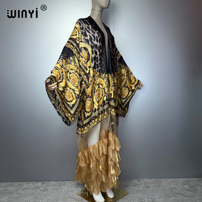 WINYI Women's Long Sleeve Kimono Cardigan Muslim Abaya Dubai Luxury Beachwear Cover up Boho Kaftan Holiday Printed Dress
