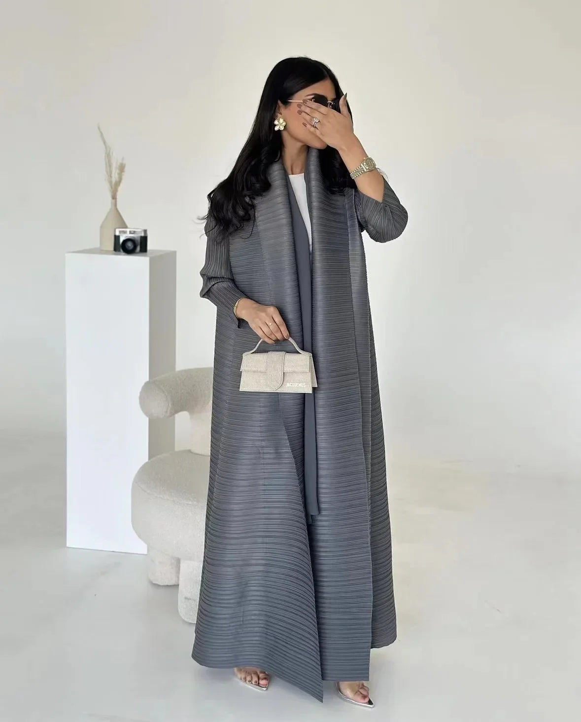Muslim Abaya Black Simple Commuter Fashion Pleated Loose Long Trench Coat Jacket 2024 Fall New