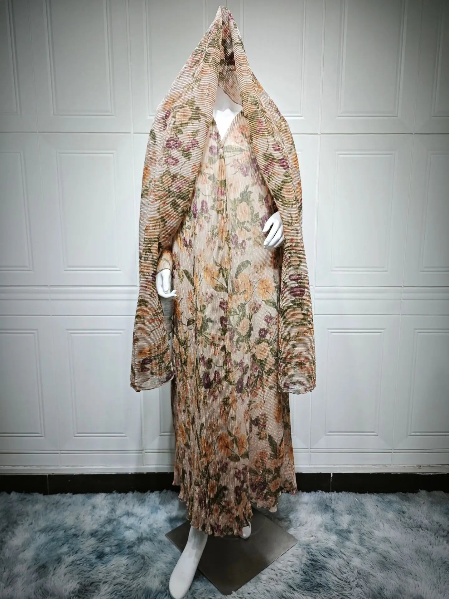 Women's Pleated Floral Print Abaya with Matching Hijab - Open Front Modest Dress for Daily & Religious Occasions