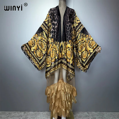 WINYI Women's Long Sleeve Kimono Cardigan Muslim Abaya Dubai Luxury Beachwear Cover up Boho Kaftan Holiday Printed Dress