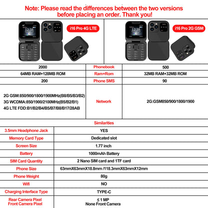 SERVO Mini Flip Mobile Phone 4G/2G Cellular 1.77" Diaplay Speed Dial Flashlight Recorder FM Radio Dual SIM Foldable Cellphones