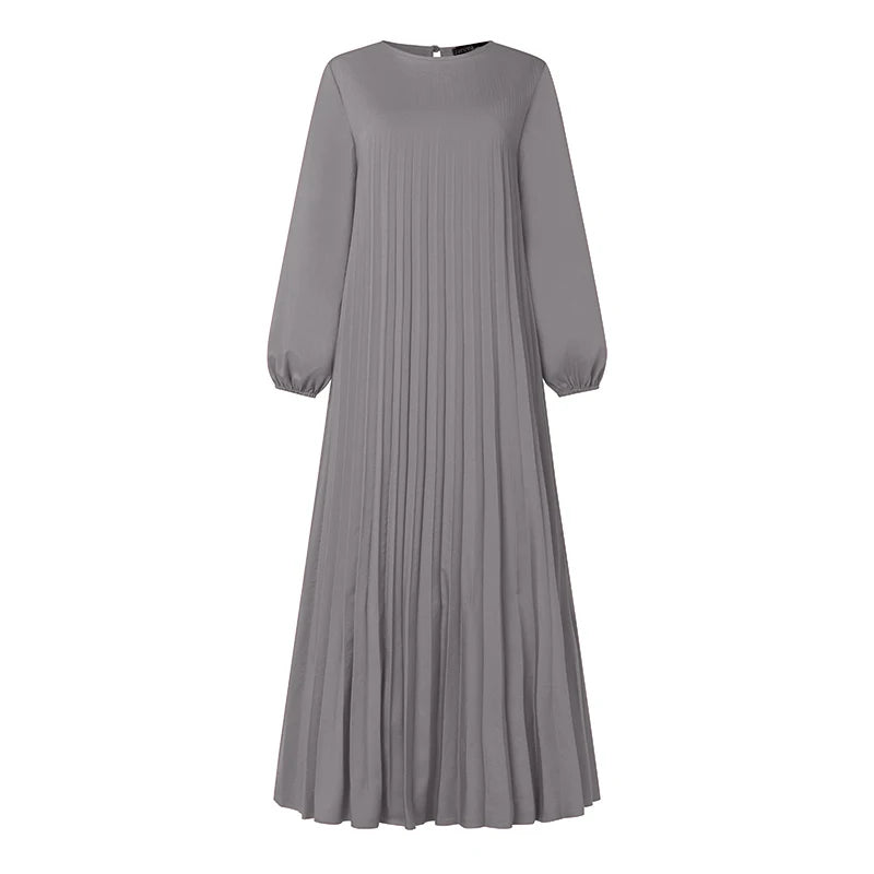 ZANZEA Modest Fashion Abaya Robes Woman Muslim Hijabis O-Neck Solid Pleated Eid Long Dresses Loose A-line Vestidos Fall 2025