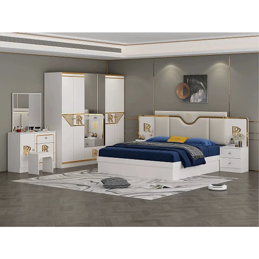 6-Piece Luxury White & Gold Bedroom Set with Latex Mattress, Bed, Wardrobe, Nightstands and Vanity Table, Bedroom Collection