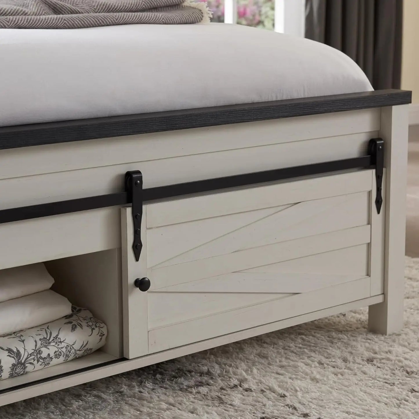 Farmhouse King Size Bed Frame with Headboard, Sliding Barn Door Storage Cabinets, Sturdy Wood Slats Support, No Box, Customized