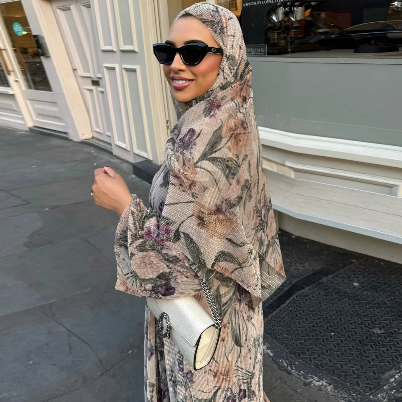 Women's Pleated Floral Print Abaya with Matching Hijab - Open Front Modest Dress for Daily & Religious Occasions