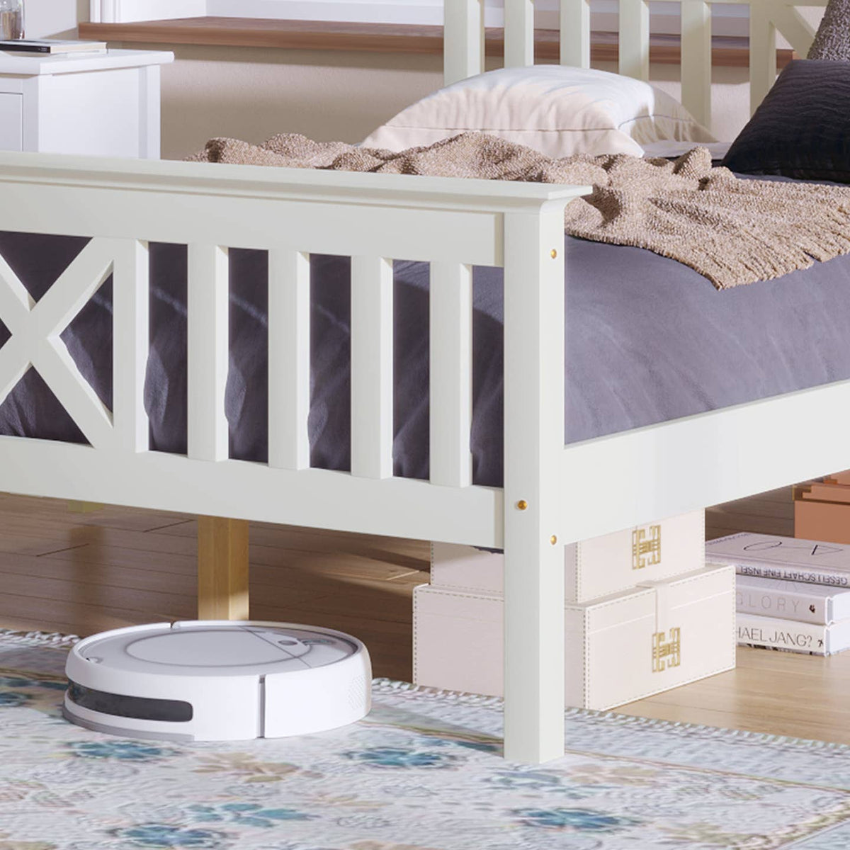 Wholesale White Solid Pine Wood Single Bed Frame with 2 Under Bed Drawers